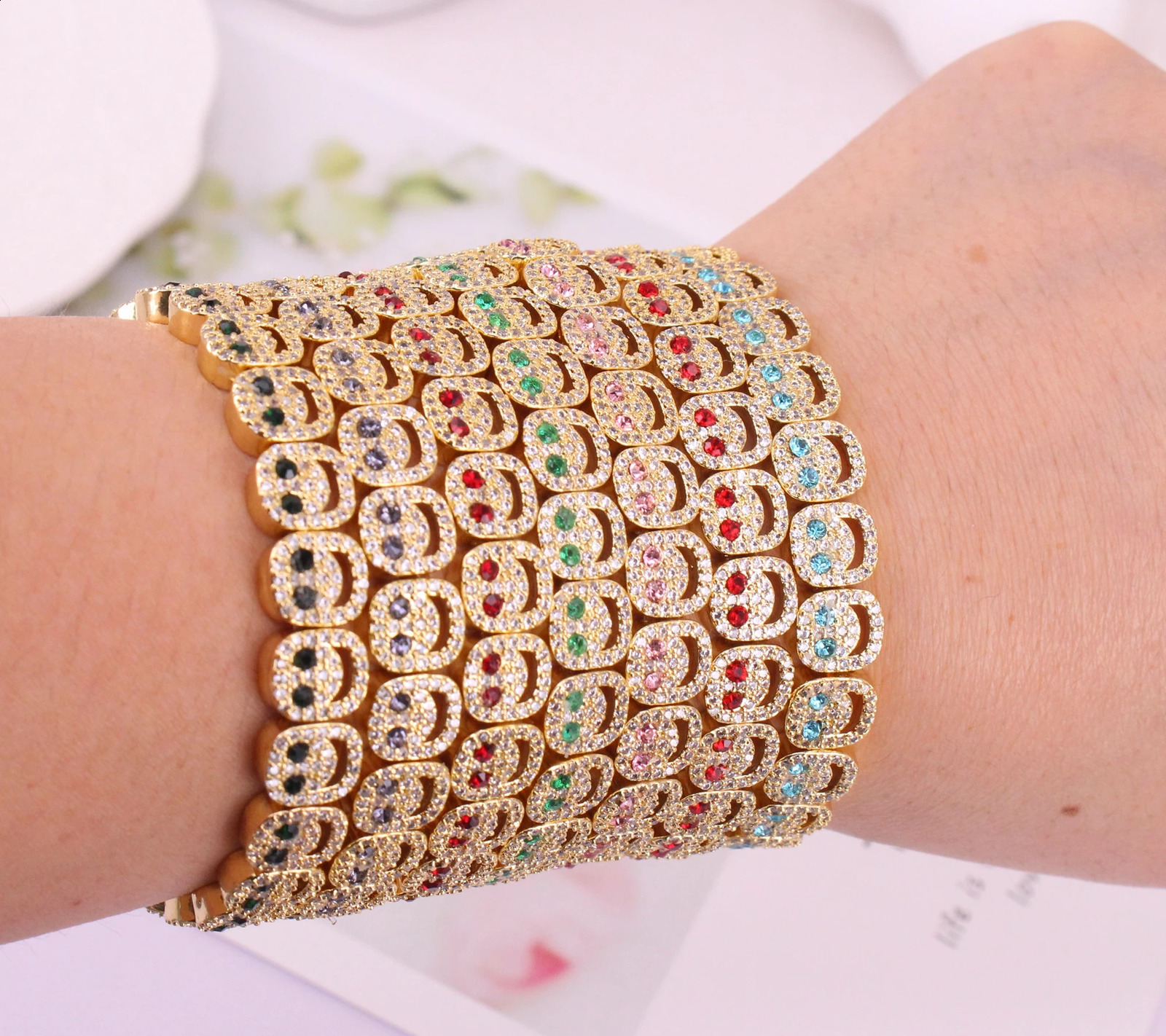 -2 pieces/batch gold-plated copper metal mixed color smiling zircon/CZ 8mm wide bracelet jewelry search items DIY 240925