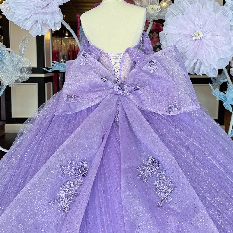 Lavender Shiny Quinceanera Dresses Off Shoulder Corset Ball Gown Applique Lace Beads Tull Tiered Sweet 16 Dress Vestidos De 15 Anos