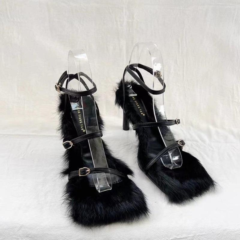 Sandals Internet Celebrity Style Square Toe Buckle Fur Open Strap High Mid Heel Stiletto Furry Elegant Sweet Outerwear