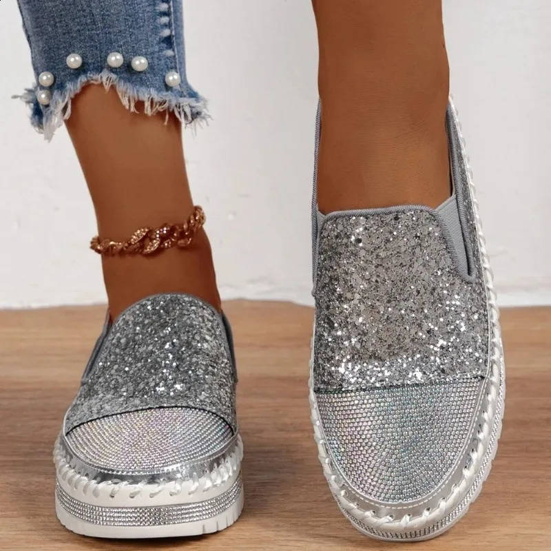 Womens sports shoes 2024 womens flat sequin sports shoes casual womens mesh lace fine diamond sequin platform vulcanized shoes 240930
