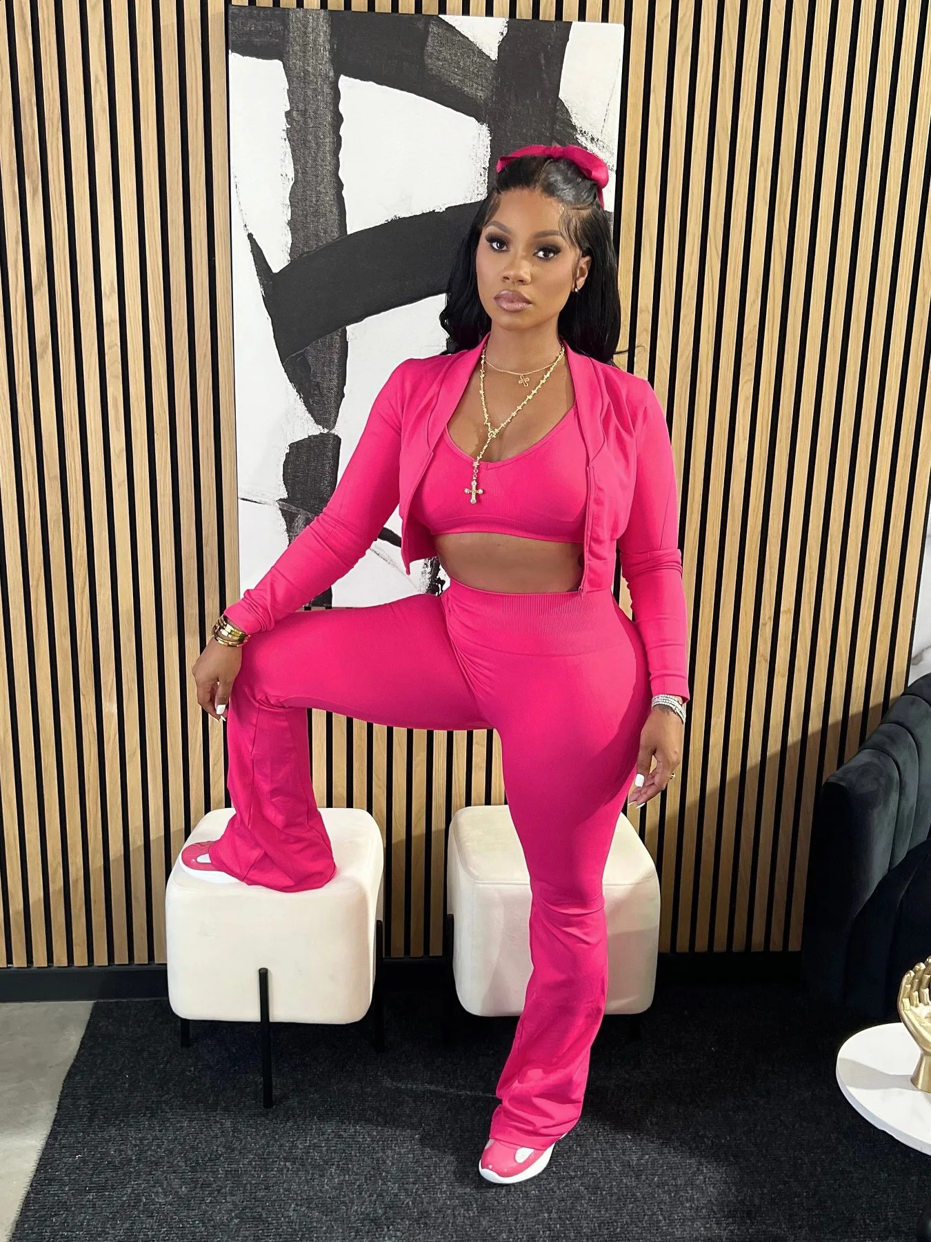 Womens sportswear tight jacket vest high waisted Flared pants casual 3piece set fitness yoga jogging 240927