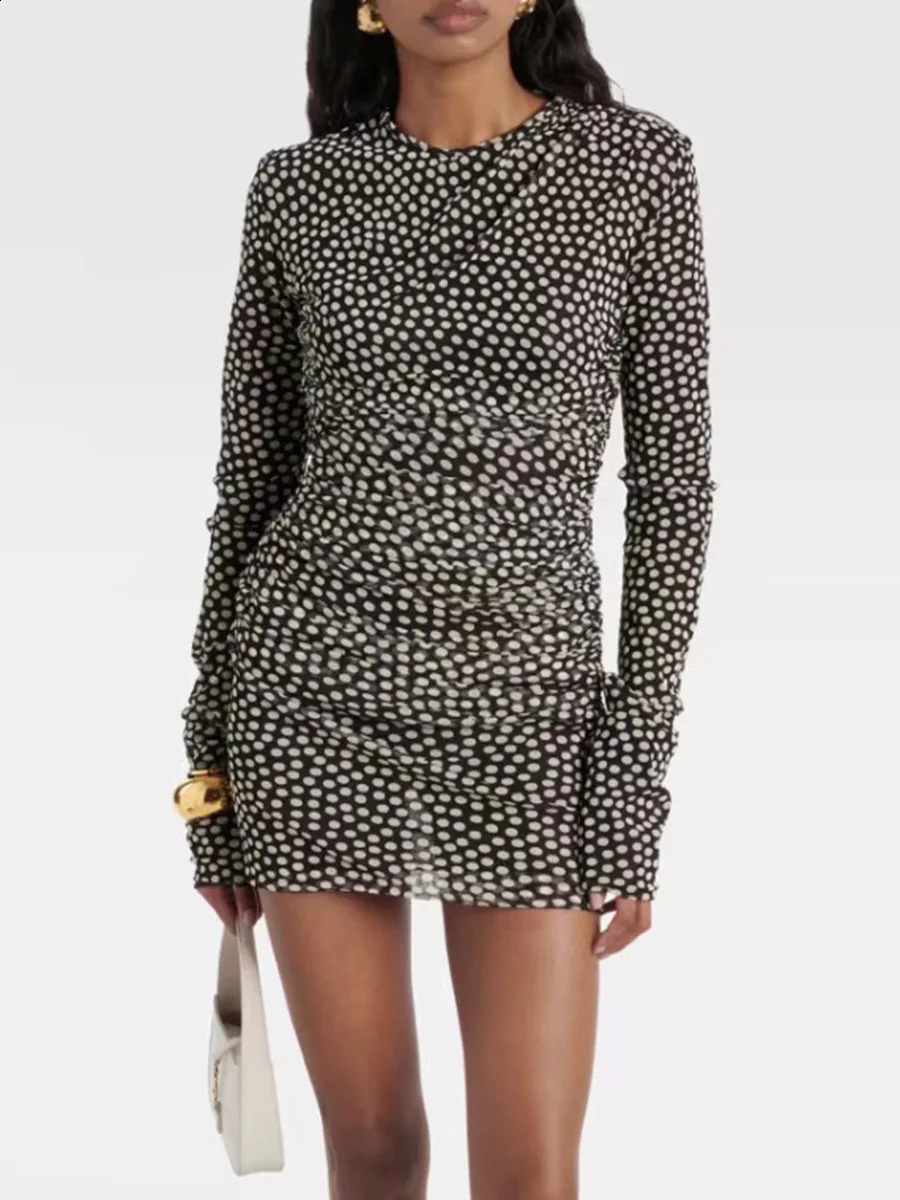 Womens sexy polka dot round neck long sleeved mini dress 240929