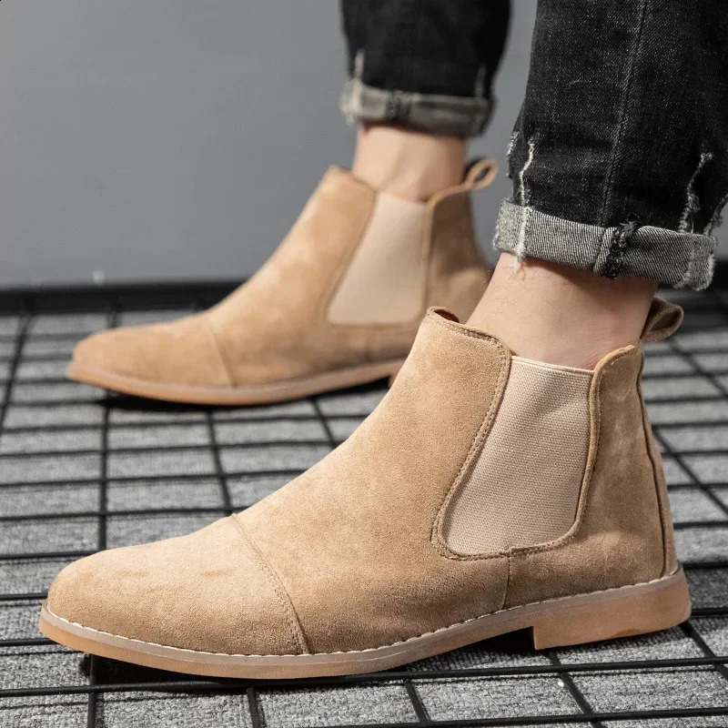 Yellow Chelsea boots mens Pointed comfortable dress boots fashionable mens slip on mens suede shoes Zapatos Hombre casual 2024 ww 241008