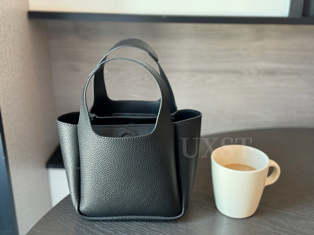 UXST Genuine Leather Mini Basket Classic Litchi Pattern Bucket Senior Sense Storage Tote Bag Solid Color Shopper Handbag