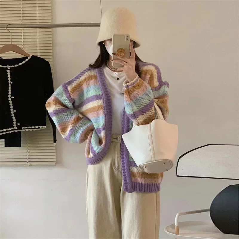 Idle Style Rainbow Stripe Knitted Open cardigan Womens Loose Open cardigan Color Blocked Sweater 2024 Autumn Korean Style 240923