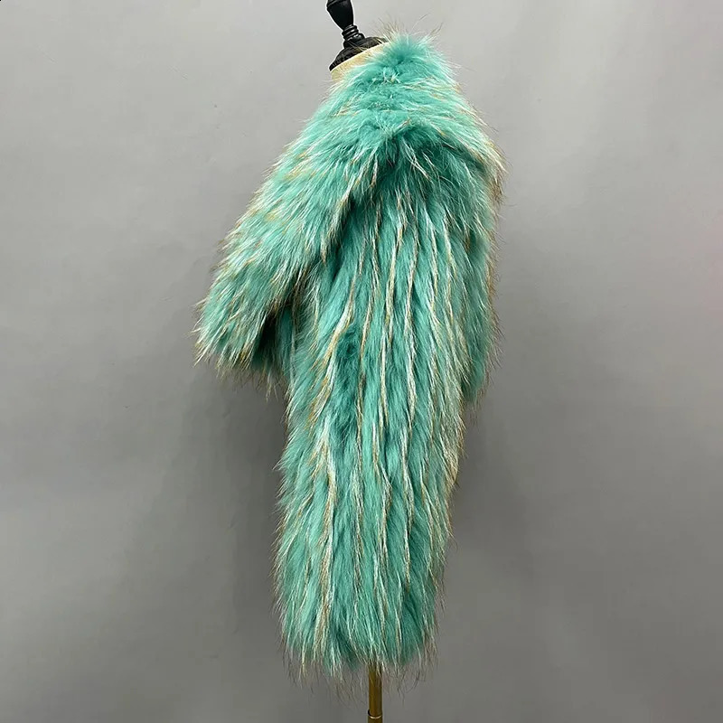 Women's Knitted Genuine Fur Coat Raccoon Leather Jacket With Big Collar B1