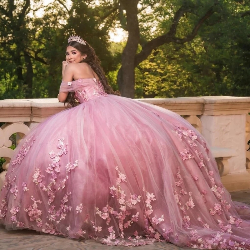 Pink Quinceanera Dresses Lace Flower Tull Sweetheart Off The Shoulder Birthday Party Dress Beading Ball Gown Vestidos 15 De Anos