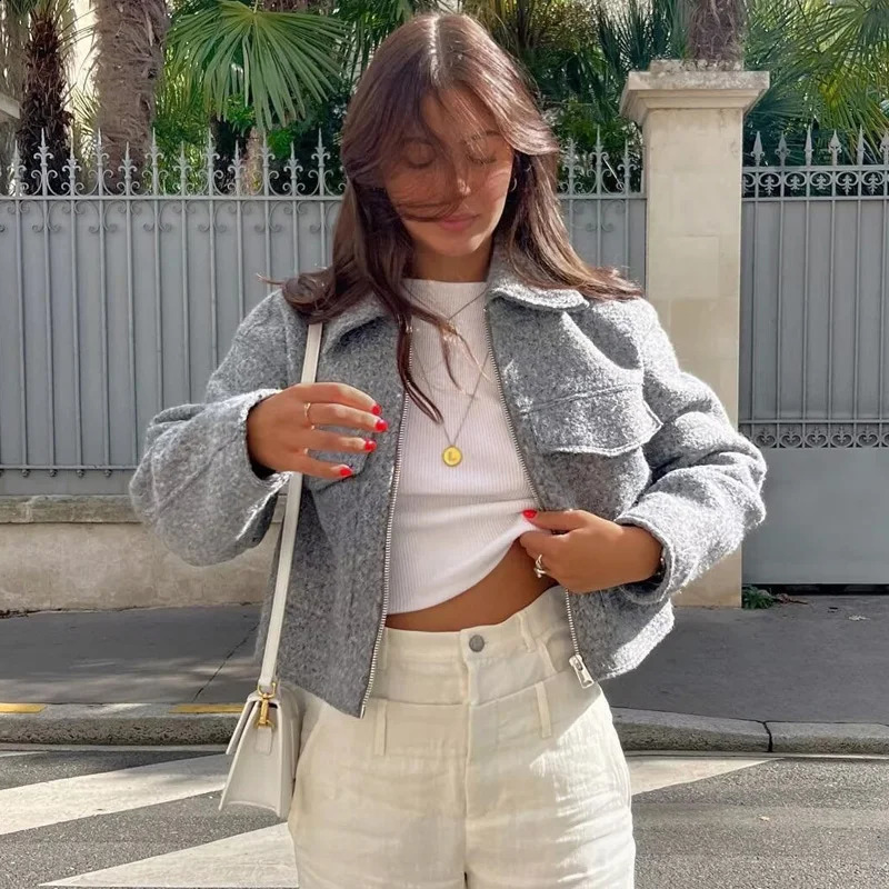 HXAO Tweed bomber jacket autumn winter jacket womens jacket womens jacket long sleeved solid jacket casual school team jacket 240930