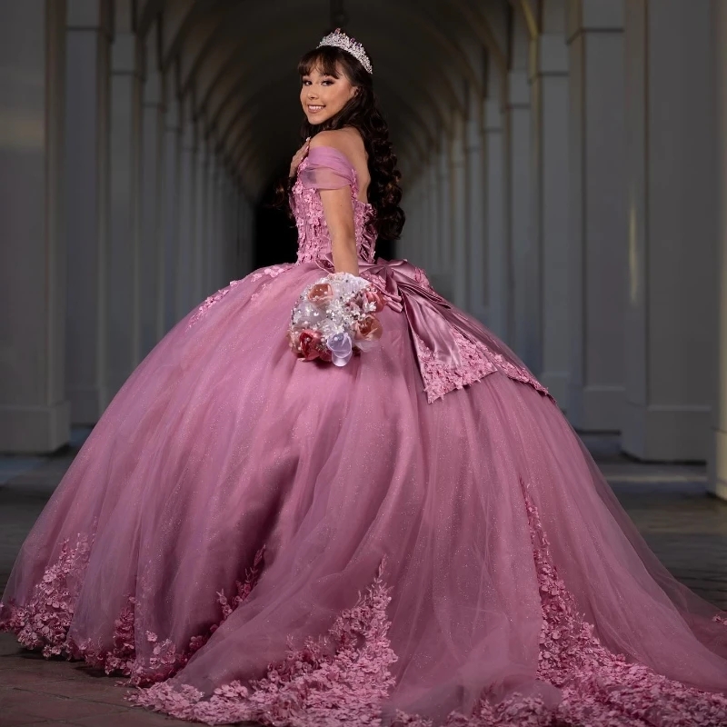 Red Rose Quinceanera Dresses Ful Glitter Off The Shoulder Princess Applique Wer Beads Tull Sweet Dress Vestidos De Anos D