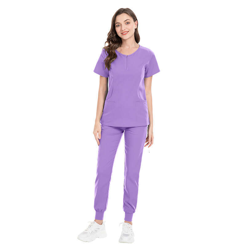 Hot selg simple and comfortable casual hand washing nursing clothes womens zipper uniform set plus size