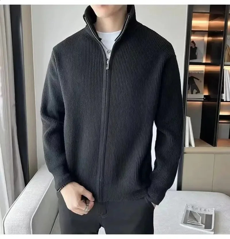 solid knitted sweater mens stand up collar Korean fashion zipper cardigan mens knitted plus size knitted jacket 240930