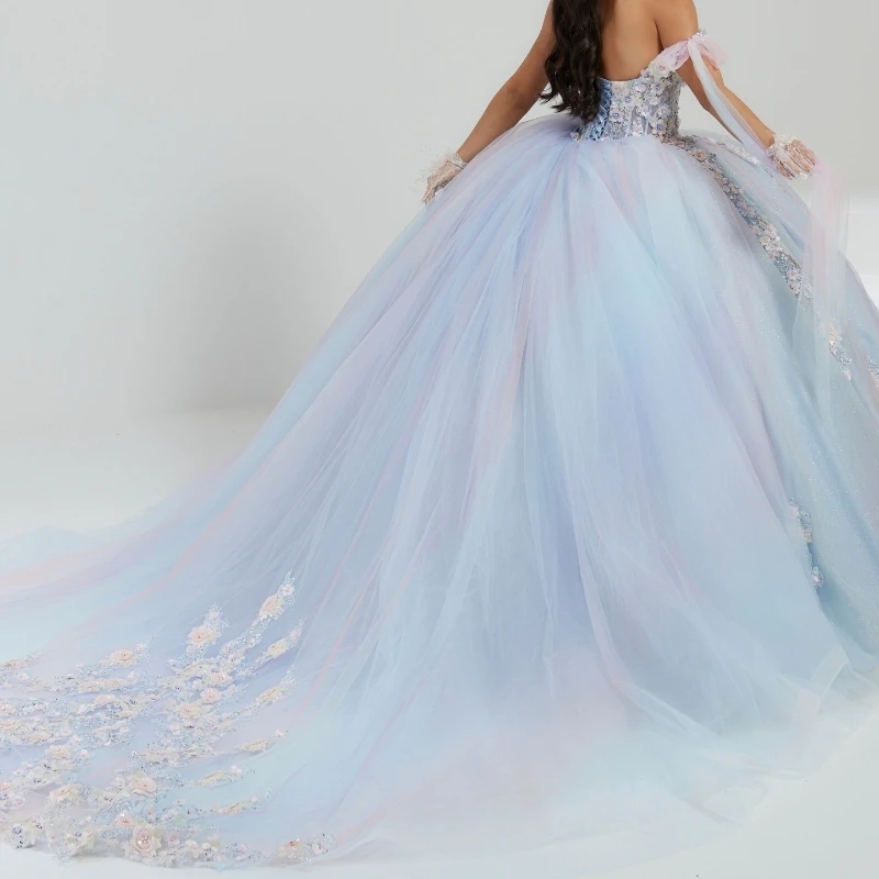 Sky Blue Shiny Quinceanera Dresses Ball Gown Lace Applique Beading Tull With Cape Mexico Sweet 16 Dress Vestidos De XV 15 Anos