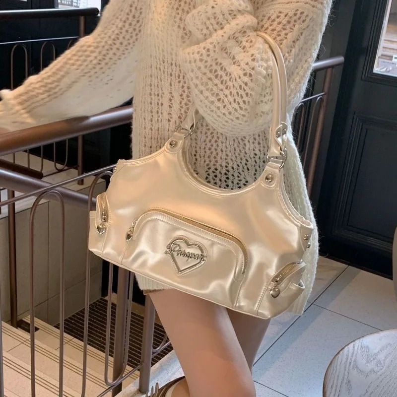 Gainny Y2k White Handbag Womens Motorcycle Shoulder Bag Womens Harajuku Fashion Korean Womens Handbag Aesthetics 240930