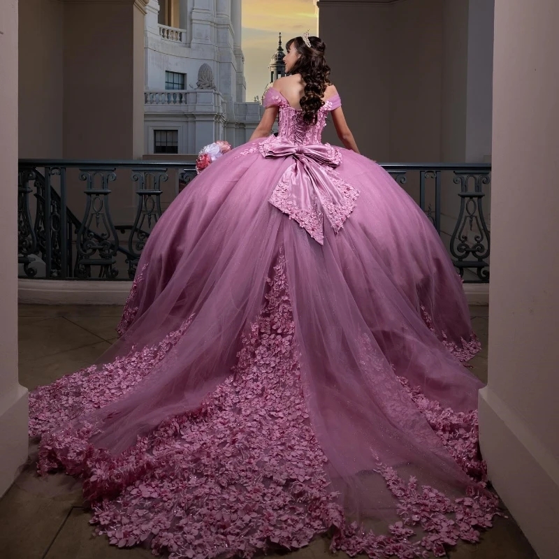 Red Rose Quinceanera Dresses Ful Glitter Off The Shoulder Princess Applique Wer Beads Tull Sweet Dress Vestidos De Anos D