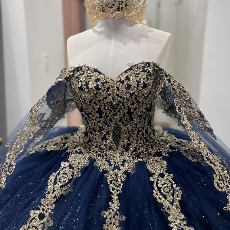 Navy Blue Quinceanera Dresses For 16 Girl Off the Shoulder Gold Appliques Beads Tull With Cape Princess Ball Gowns Birthday Party Vestidos 15 De XV An