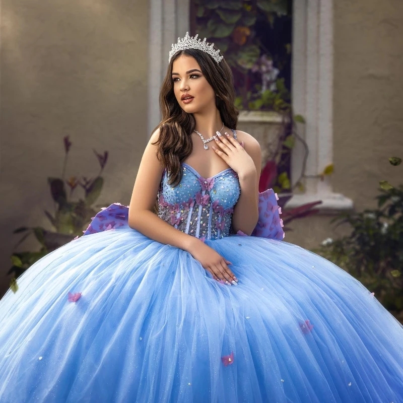 Sky Blue Princess Quinceanera Dresses Off The Shoulder Pink Bow Beads Tull Girls Ball Gown Sweet 16 Dress Vestidos De 15 Anos