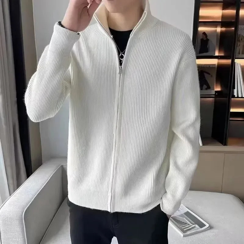 solid knitted sweater mens stand up collar Korean fashion zipper cardigan mens knitted plus size knitted jacket 240930