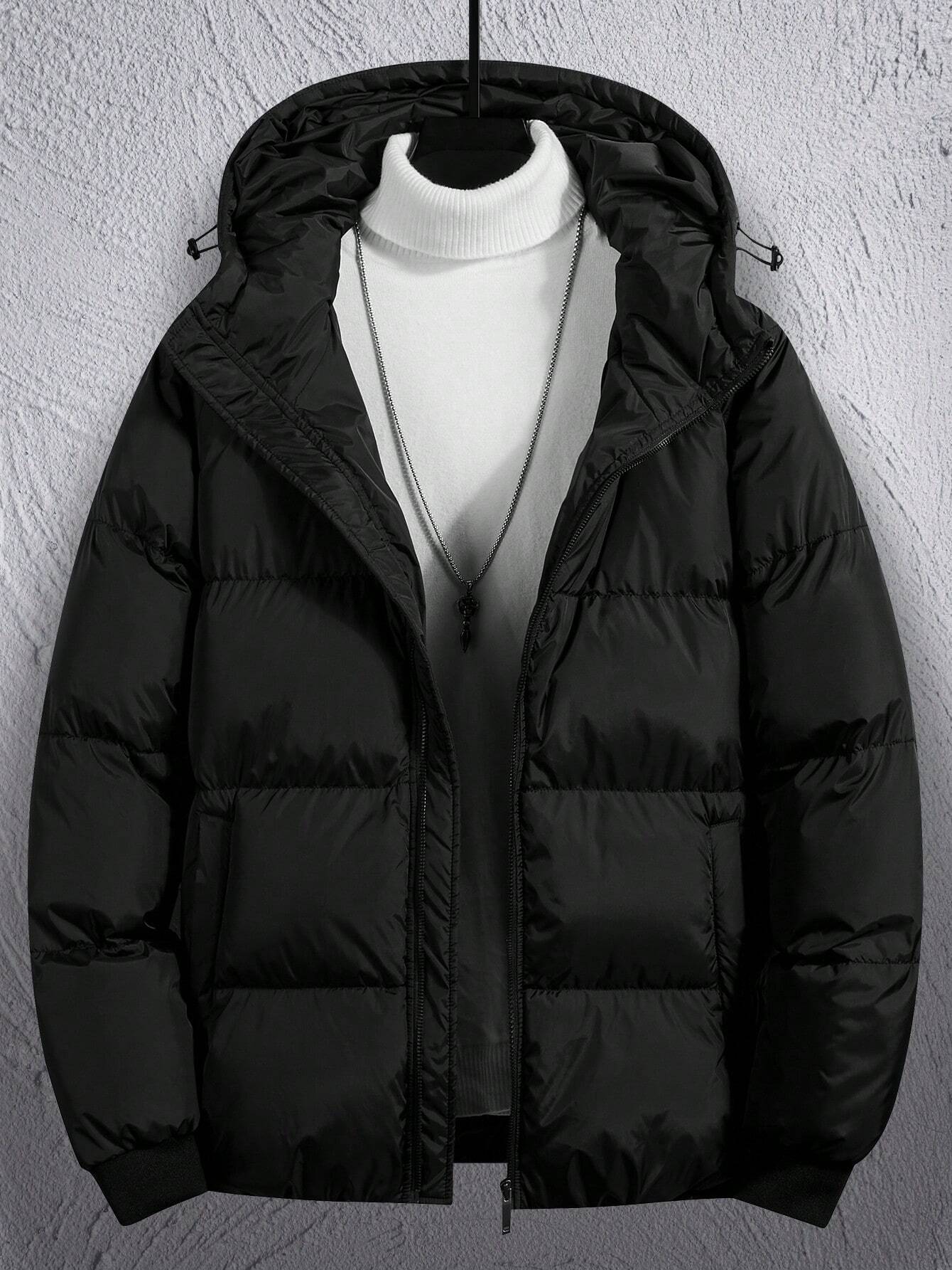 Men's Drawstring Hooded Zipper Padded Coat, Sweater Not Included, Plain Going Out Basic Quilted Jacket