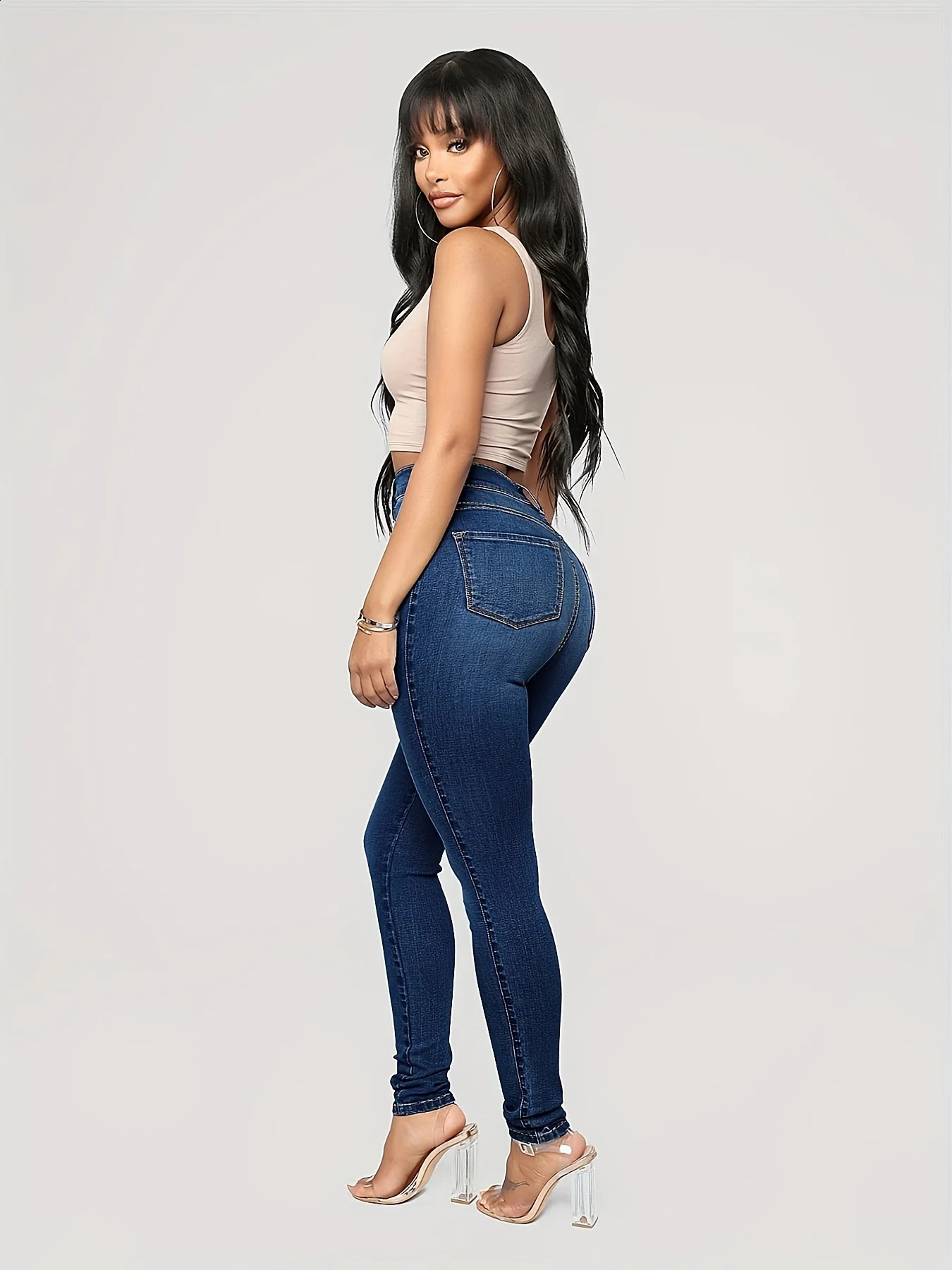 Plain high waisted tight jeans high waisted slim fit tight pockets casual jeans womens denim jeans and clothing 240930