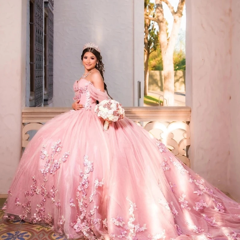Pink Quinceanera Dresses Lace Flower Tull Sweetheart Off The Shoulder Birthday Party Dress Beading Ball Gown Vestidos 15 De Anos