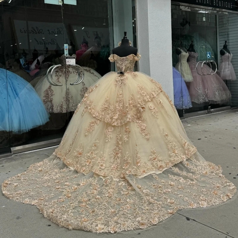 Mexican Champagne Charro Quinceanera Dresses Lace Appliques Beads Tull Corset Sweet 16 Dress Abiti Da Cerimonia Vestido De 15 Anos