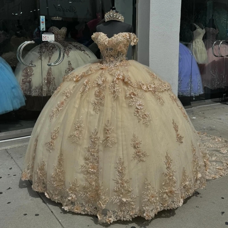 Mexican Champagne Charro Quinceanera Dresses Lace Appliques Beads Tull Corset Sweet 16 Dress Abiti Da Cerimonia Vestido De 15 Anos