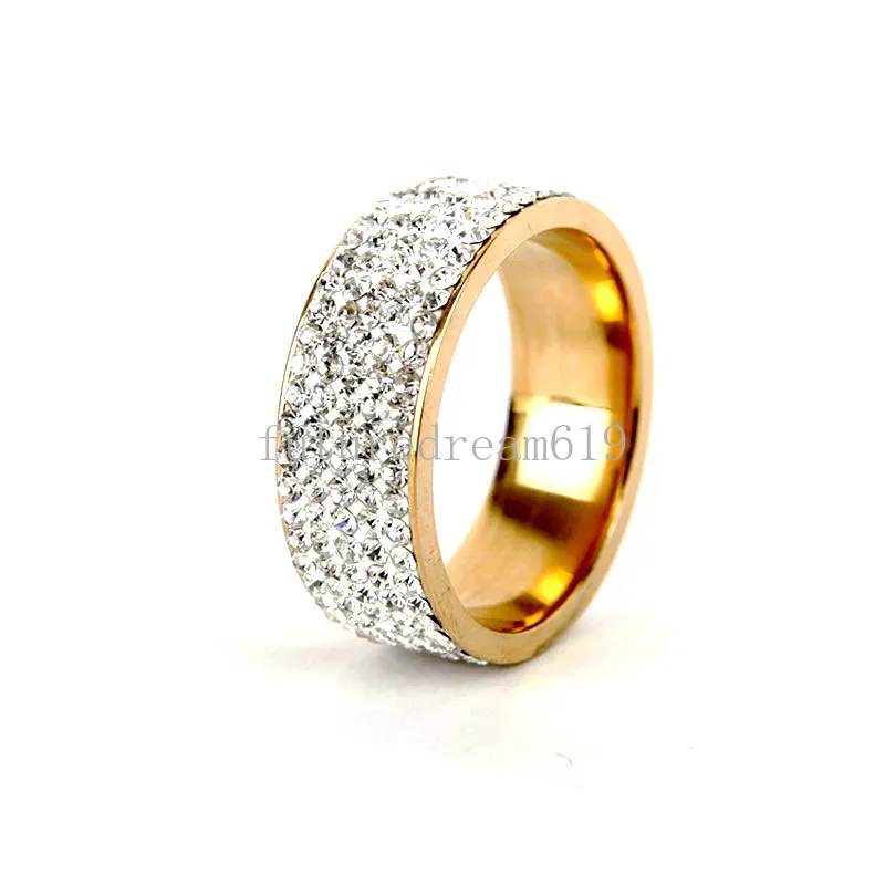 8mm Stainless Steel Full Crystal Gold Silver Plated Band Rings For Women Men Lovers Jewelry Party Club Decor