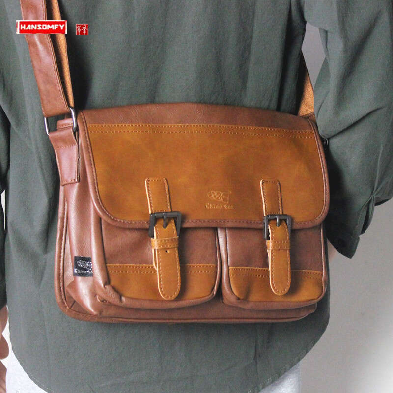Retro Student Schoolbag Shoulder Business Casual Messenger Crossbody Bag Men's Leather Ipad Bags