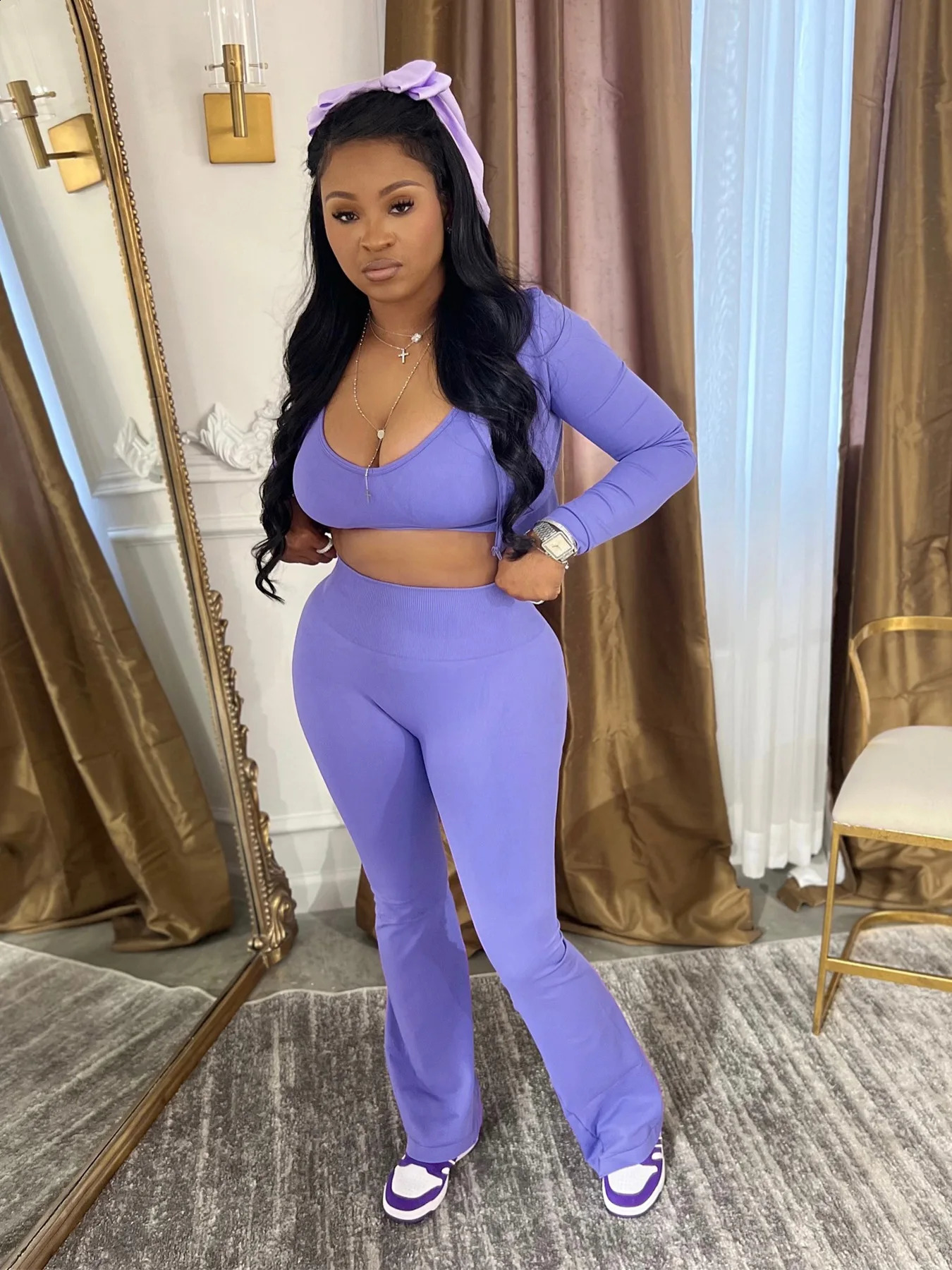 Womens sportswear tight jacket vest high waisted Flared pants casual 3piece set fitness yoga jogging 240927