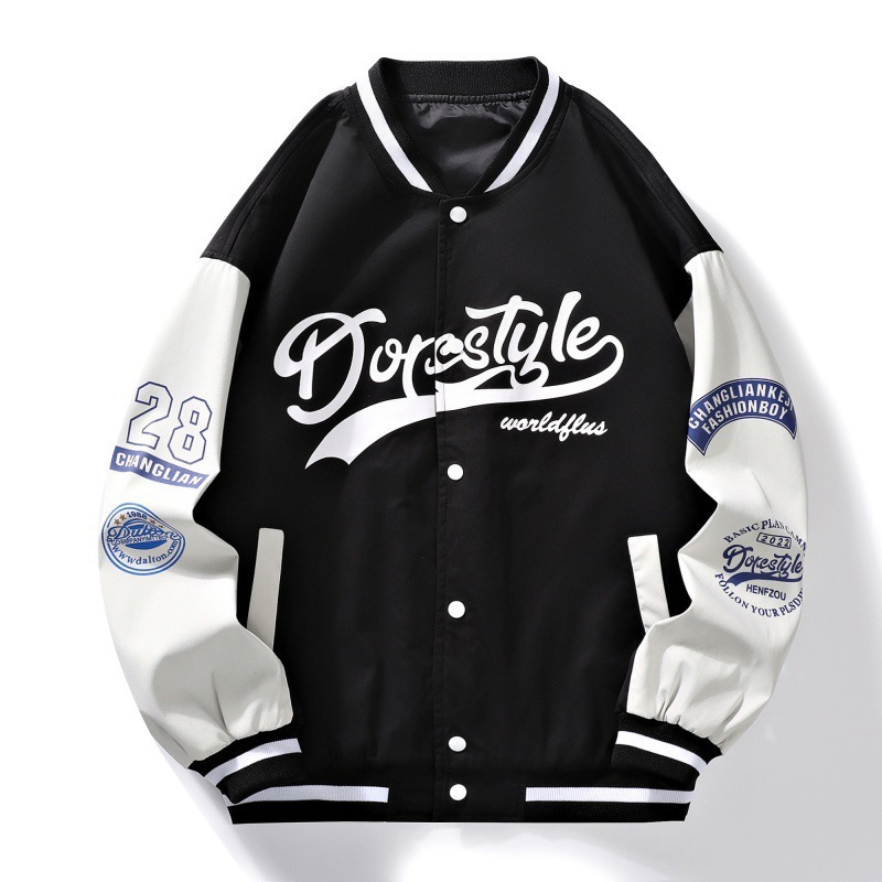Men Letter Graphic Striped Trim Colorblock Drop Shoulder Varsity Jacket