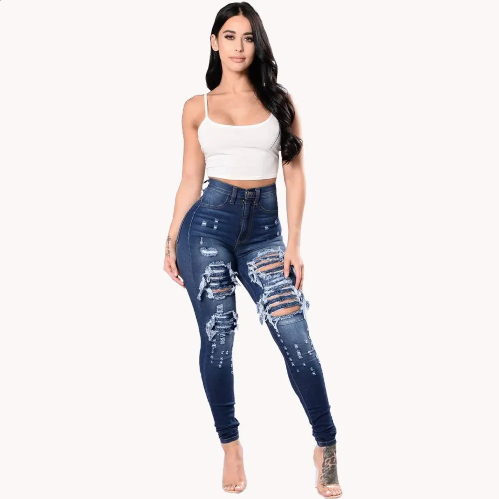 HOLE Denim Women 2025 High Waist Ripped Jeans for Skinny Black Pockets Woman Elastic Slim Jean Female Femme Pants 260626