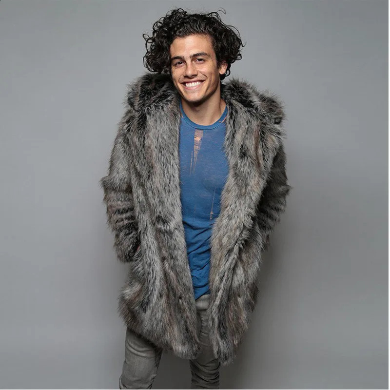 Mens artificial fur coat long sleeved hooded thick warm jacket mens plush fluffy open collar casual Parka chiffon winter fur coat 512 240930