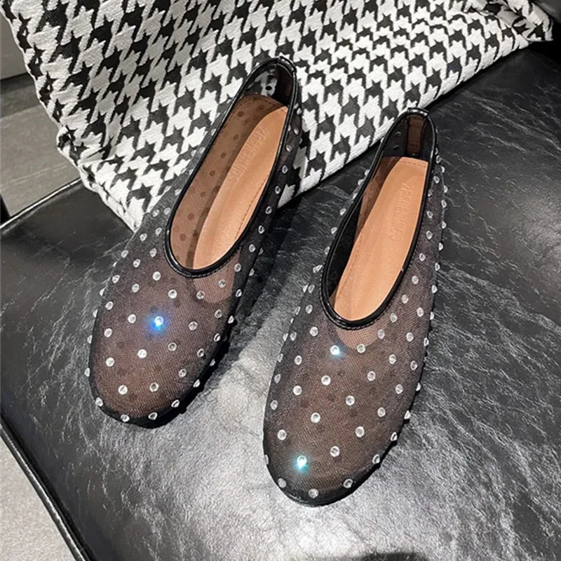 crystal rivet mesh sandals for women lightweight and breathable apartments fashionable and comfortable mule shoes elegant slippers ballet shoes 240923