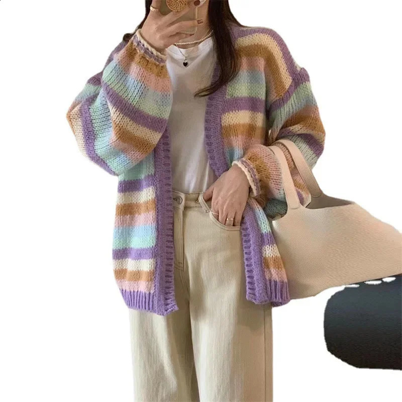 Idle Style Rainbow Stripe Knitted Open cardigan Womens Loose Open cardigan Color Blocked Sweater 2024 Autumn Korean Style 240923