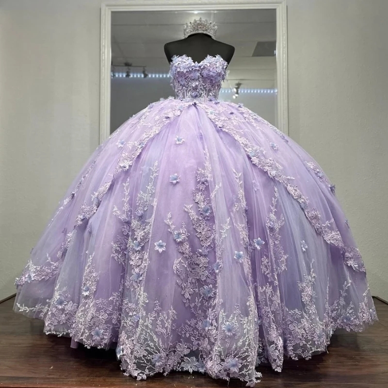 Lavender Quinceanera Dresses Sweet 16 Year Ball Gown Off the Shoulder Applique Flower Tull Birthday Party Dress for Girl Vestido15 De Anos
