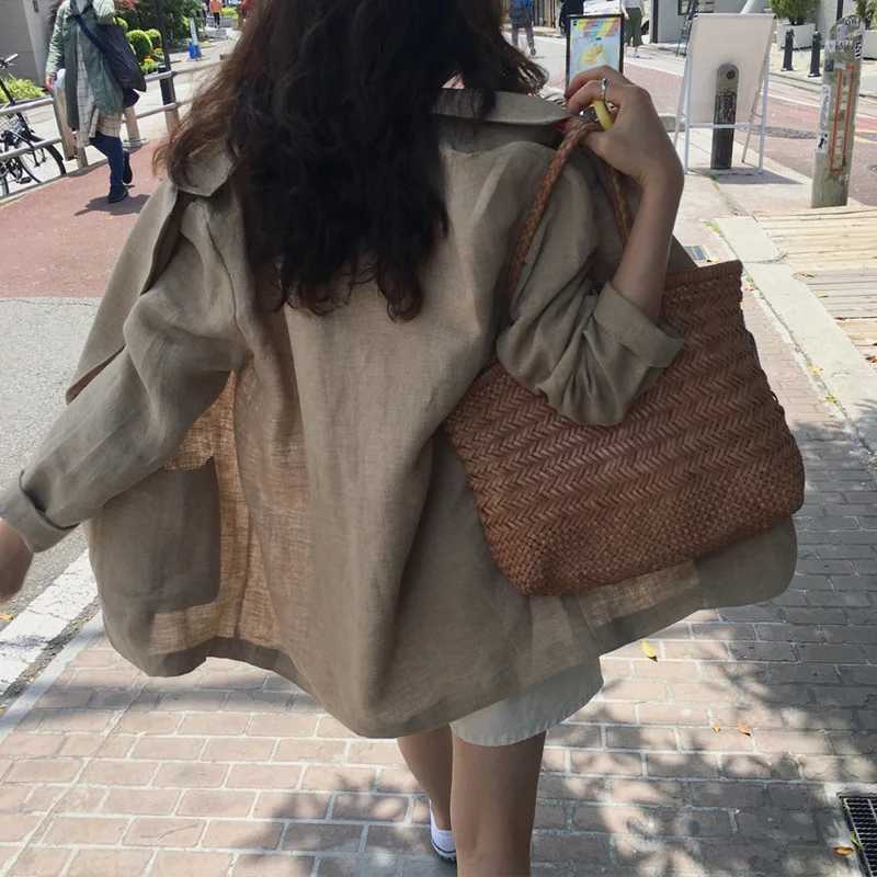 New Korean Linen Thin Blazers Without Lining Suit Jacket Summer Autumn Womens Loose Blazers for Women Clothing Coats OuterwearsX241004