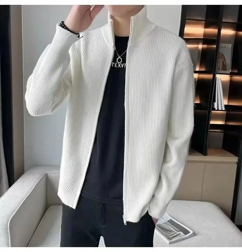 solid knitted sweater mens stand up collar Korean fashion zipper cardigan mens knitted plus size knitted jacket 240930