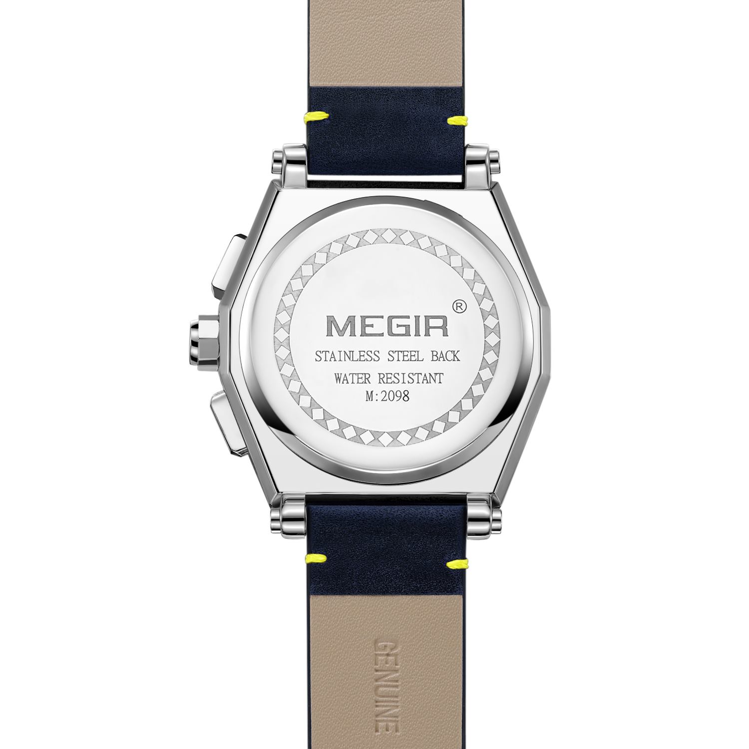 Megir men's leather strap quartz watch military sports timing waterproof watch men's night light Relogios clock 2098 blue