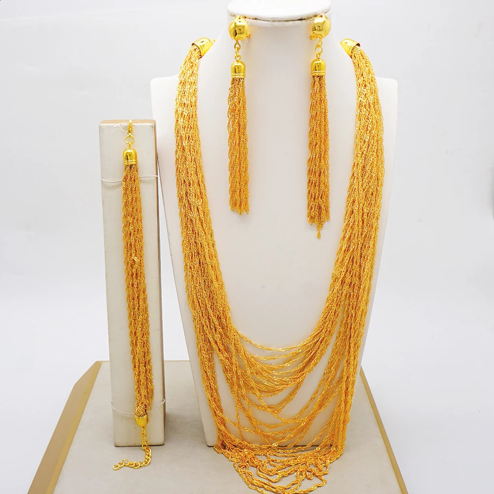 Dubai Grand Necklace Set African Wedding Banquet Jewelry Long Gold Plated Bridal Set 240926