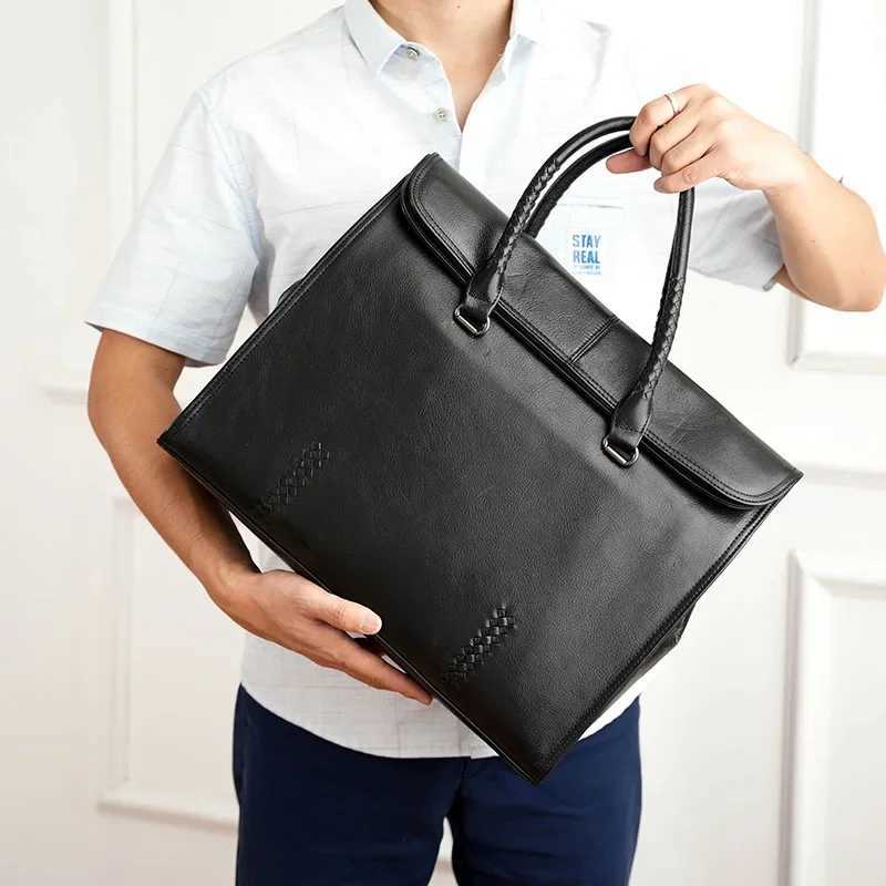 Men Genuine Leather High-End Business Briefcase Niche Design Laptop bag Large Capacity First Layer Cowhide Bag Woven Handbag MenXJ241004