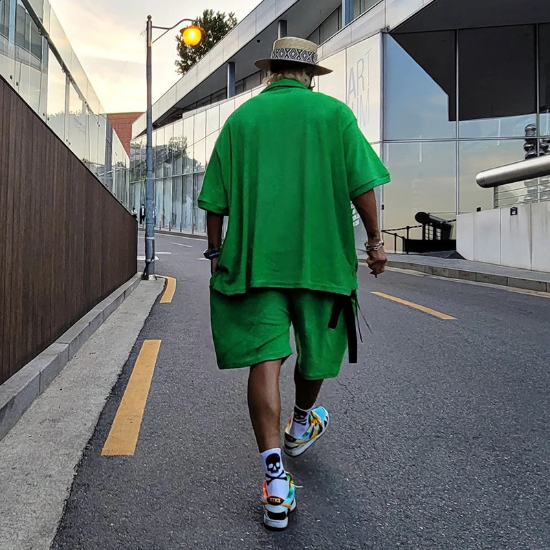 Summer short sleeved polo shirt short sleeved looped fabric casual suit T-shirt sports top solid color T-shirtpants 240930