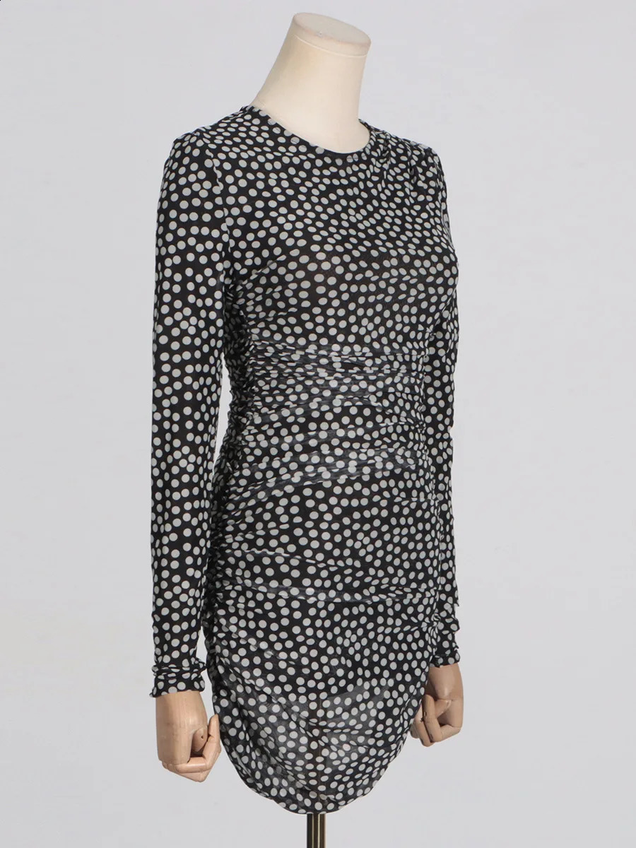 Womens sexy polka dot round neck long sleeved mini dress 240929