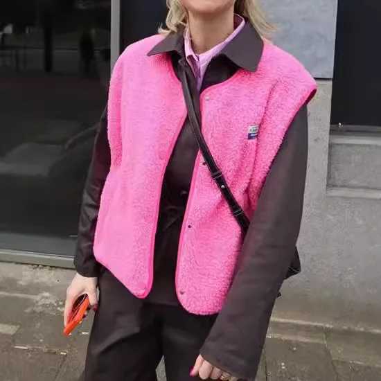 Sleeveless open top short fur vest casual loose fit pocket single chest top womens winter coat M241004