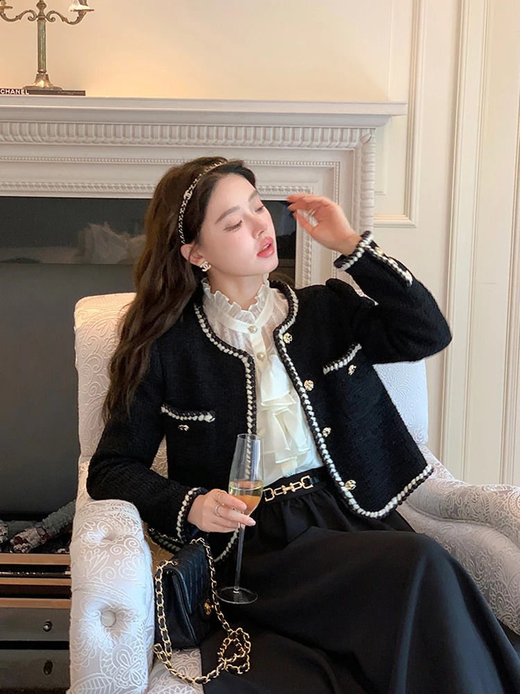 Zoki Sweet retro tweed jacket for women elegant French cut jacket casual long sleeved simple and fully matched retro womens jacket top 240930