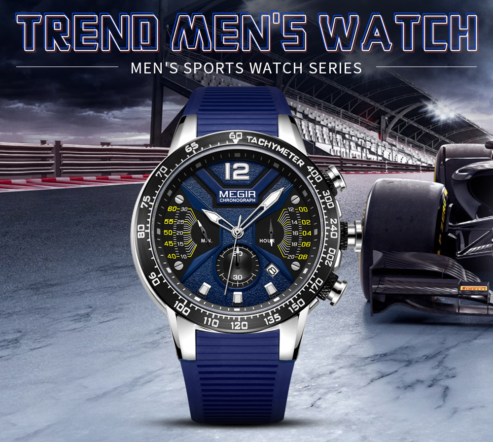 MEGIR Blue Sports Watch Men's Silicone Strap Timing Waterproof Night Light Fashion Casual Quartz Watch Men's 2106