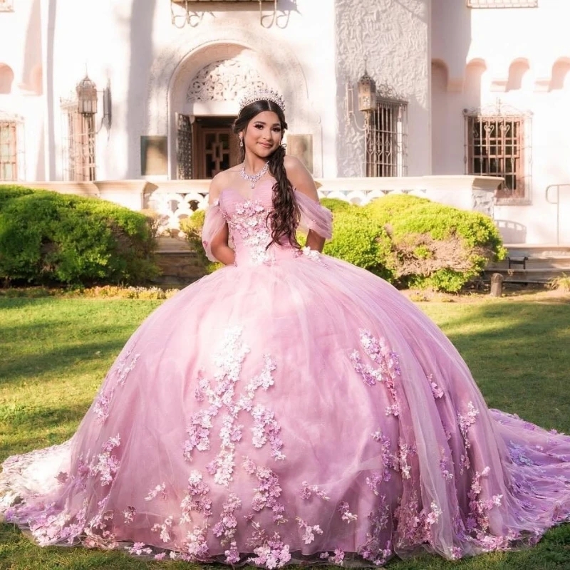 Pink Quinceanera Dresses Lace Flower Tull Sweetheart Off The Shoulder Birthday Party Dress Beading Ball Gown Vestidos 15 De Anos