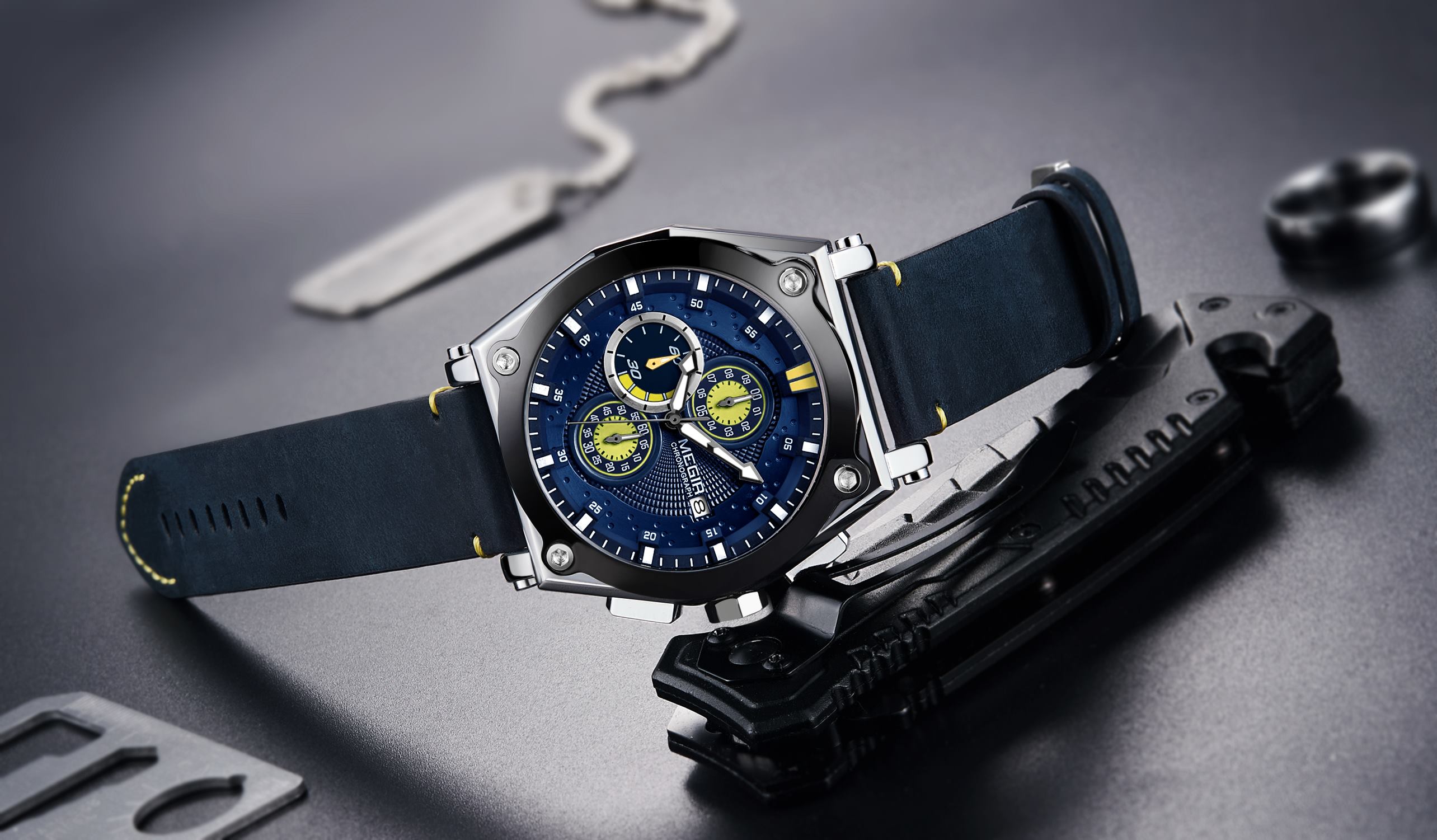 Megir men's leather strap quartz watch military sports timing waterproof watch men's night light Relogios clock 2098 blue