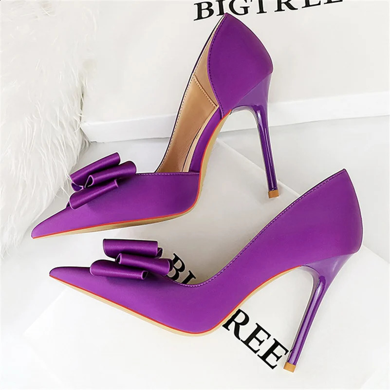 Women 10.5cm High Heels Satin Silk New Butterfly Knot Purple Pumps Lady Wedding Bridal Escarpin Blue Green Peach Fashion Party Shoes 241014