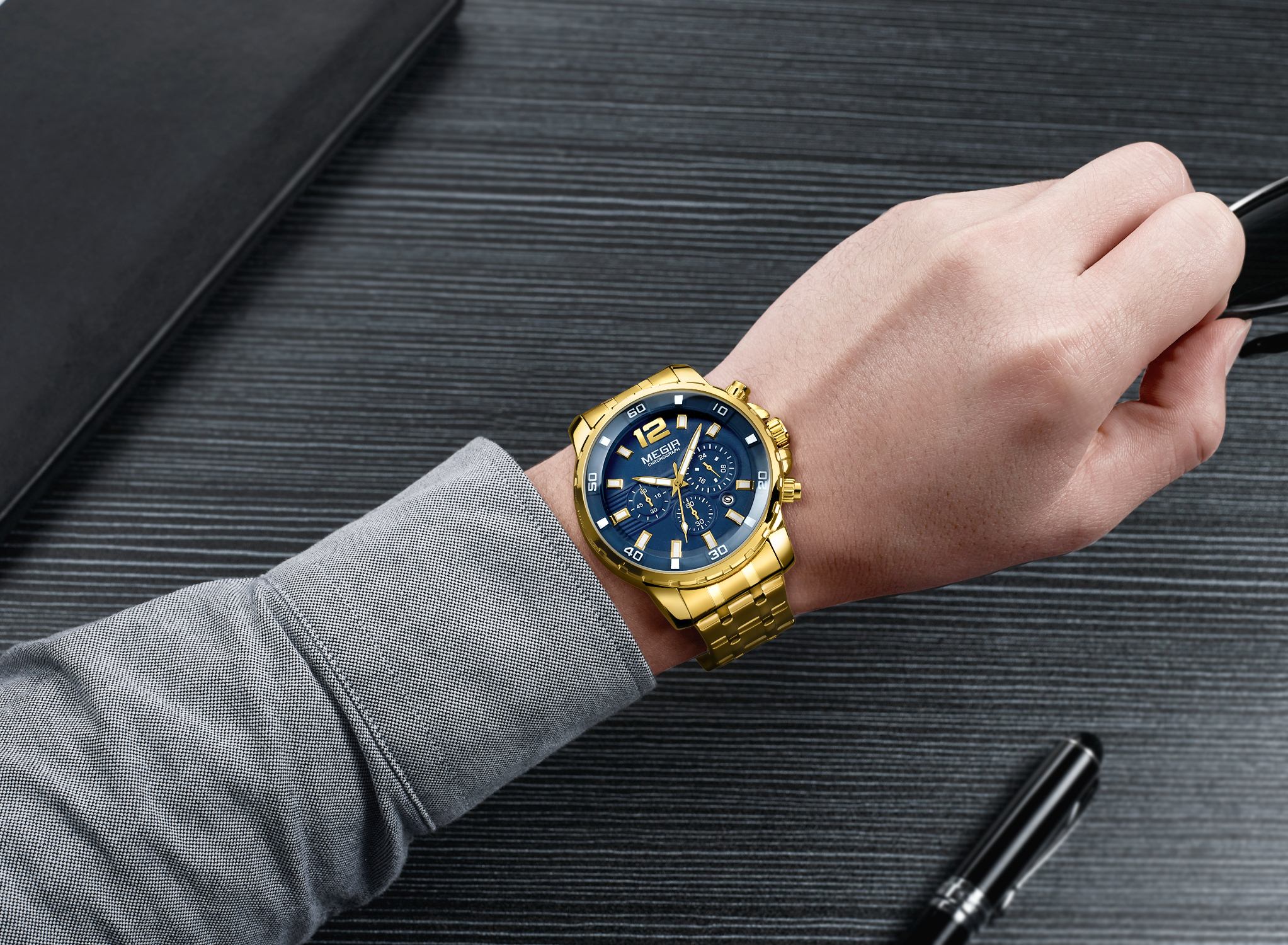 MEGIR 2068 Men's Business Sports Multi functional Watch, Leisure Luxury Waterproof Stainless Steel Timing Quartz Men's Watch 02