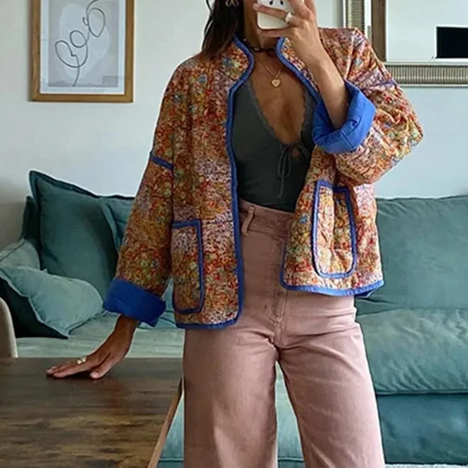 Combhasaki Womens Y2K Retro Floral Print Rack Collar Open Quilted Short Sleeve Puff Jacket Long Sleeve Padded Coat 240924